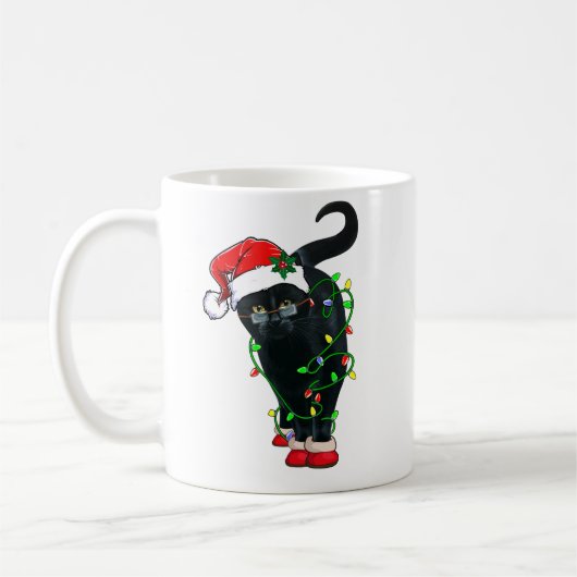 Schwarze Katze Santa in Weihnachtsbeleuchtung aufg Kaffeetasse (Links)