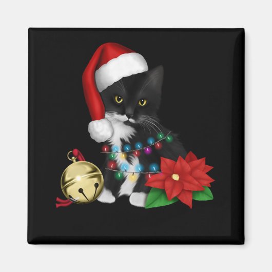 Schwarze Katze Santa in Weihnachtsbeleuchtung aufg Magnet (Vorne)