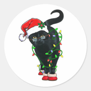 Schwarze Katze Santa in Weihnachtsbeleuchtung aufg Runder Aufkleber