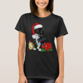 Schwarze Katze Santa in Weihnachtsbeleuchtung aufg T-Shirt (Vorderseite)