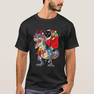 Schwarze Katze Santa Reitet Dinosaurier rex Weihna T-Shirt