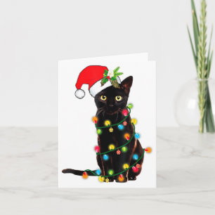 Schwarze Katze Santa verheddert in Weihnachtslicht Karte