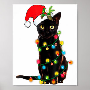 Schwarze Katze Santa verheddert in Weihnachtslicht Poster