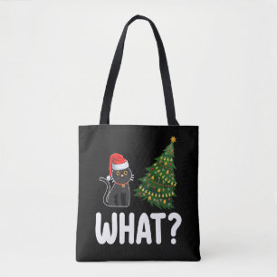 Schwarze Katze schiebt Weihnachtsbaum lustig Tasche