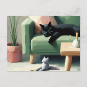 Schwarze Katze schlafend auf Sofa Katzenliebhaber  Postkarte
