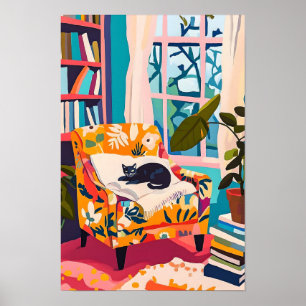 Schwarze Katze schläft auf dem Sofa Poster