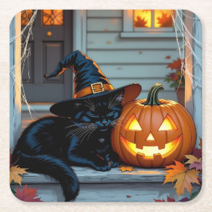 Schwarze Katze schläft auf Kürbis Halloween  Rechteckiger Pappuntersetzer