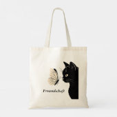 Schwarze Katze Schmetterling Freundschaft Tragetasche (Rückseite)
