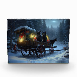 Schwarze Katze Schneebedeckter Schlitten Weihnacht Fotoblock