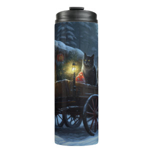 Schwarze Katze Schneebedeckter Schlitten Weihnacht Thermosbecher