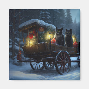 Schwarze Katze Schneebedeckter Schlittenfahrt-Weih Magnet