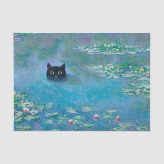 Schwarze Katze Schwimmen im Wasser Lilien Dekoupag Seidenpapier (Vorderseite)