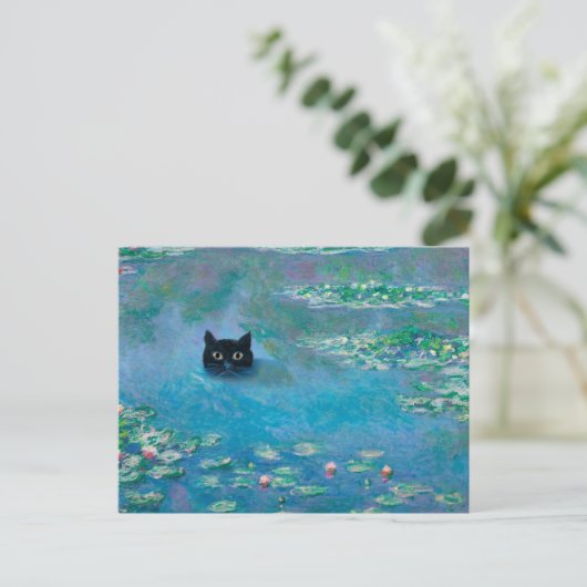 Schwarze Katze Schwimmen im Wasser Lilien Entdecku Postkarte (Stehend Vorderseite)
