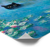 Schwarze Katze Schwimmen im Wasser Lilien Kunst Poster (Ecke)