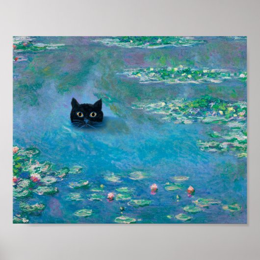Schwarze Katze Schwimmen im Wasser Lilien Kunst Poster (Vorne)