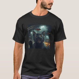 Schwarze Katze Selfie mit UFOs Katzenmem Halloween T-Shirt