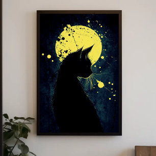 Schwarze Katze Silhouette auf dem Gelben Mond Poster