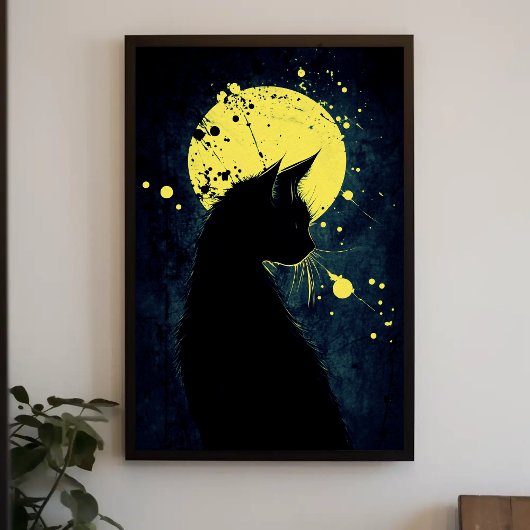 Schwarze Katze Silhouette auf dem Gelben Mond Poster