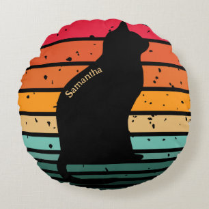 Schwarze Katze Silhouette auf Regenbogen Rundes Kissen