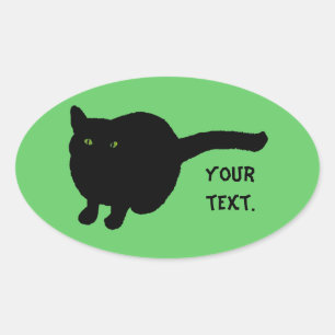 Schwarze Katze Silhouette, grüne Augen Ihr Textauf Ovaler Aufkleber