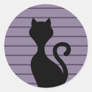 Schwarze Katze Silhouette im lila Hintergrund Runder Aufkleber