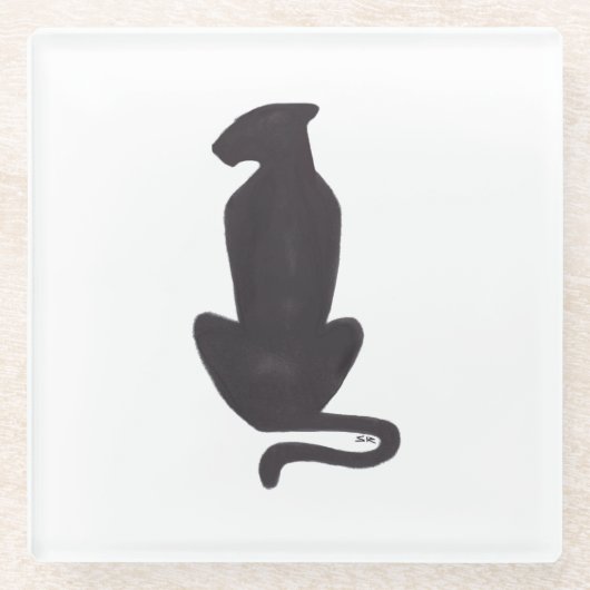 Schwarze Katze Silhouette, weißes Glas Untersetzer (Vorderseite)