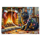 Schwarze Katze sitzt am Kamin mit Weihnachtslichte Große Geschenktüte (Vorderseite)