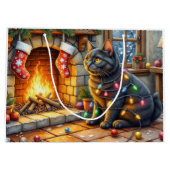Schwarze Katze sitzt am Kamin mit Weihnachtslichte Große Geschenktüte (Rückseite)