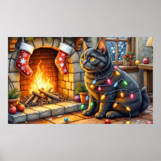 Schwarze Katze sitzt am Kamin mit Weihnachtslichte Poster (Vorne)