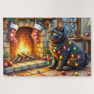 Schwarze Katze sitzt am Kamin mit Weihnachtslichte Puzzle