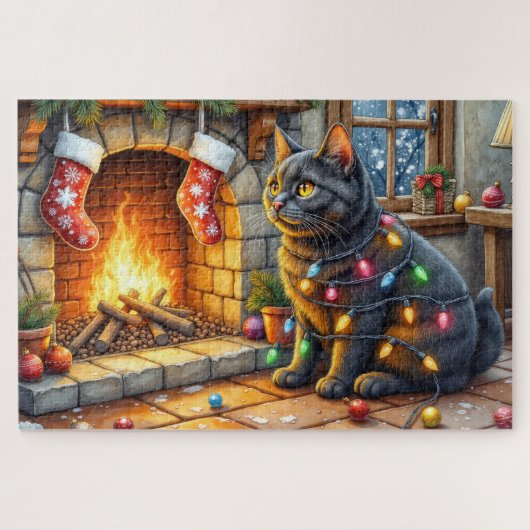 Schwarze Katze sitzt am Kamin mit Weihnachtslichte Puzzle (Horizontal)