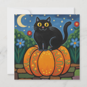 Schwarze Katze sitzt auf einem Herbstkürbis  Feiertagskarte