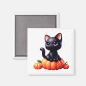 Schwarze Katze sitzt auf einem Kürbis Magnet (Vorderseite/Rückseite)