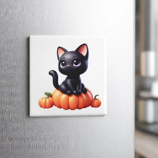 Schwarze Katze sitzt auf einem Kürbis Magnet