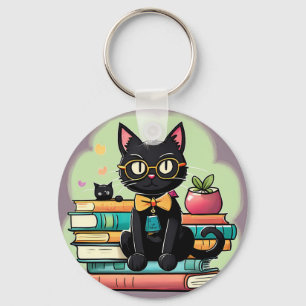 Schwarze Katze sitzt auf einem Stapel Bücher Schlüsselanhänger