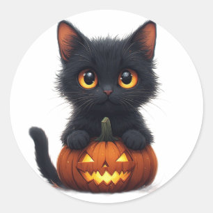 Schwarze Katze sitzt auf Kürbis Runder Aufkleber