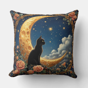 Schwarze Katze sitzt neben einem zunehmendem Mond Kissen