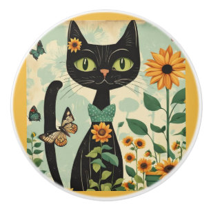 Schwarze Katze, Sonnenblumen, Schmetterlinge, einh Keramikknauf