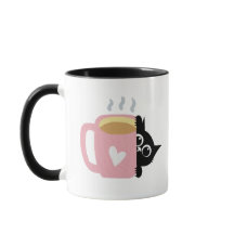 Schwarze Katze späht Rosa Herz Kaffeeliebhaber-Tas