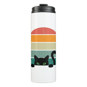 Schwarze Katze späht Sonnenuntergang Vintage 3 Thermosbecher