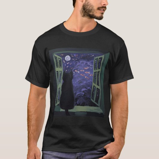 Schwarze Katze starrt in den Fischhorizont T-Shirt (Vorderseite)