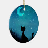 Schwarze Katze Sternenhimmel Halbmond Keramik Ornament (Rechts)