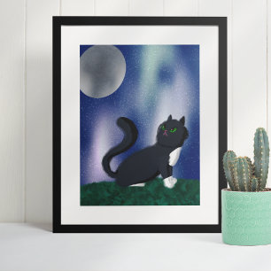 Schwarze Katze Sternennacht-Gemälde Poster