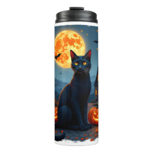 Schwarze Katze Sternennacht Van Gogh Kürbisse Fled Thermosbecher