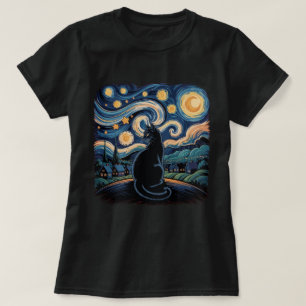 Schwarze Katze Sternennacht Wirbelhimmel Kunst T-Shirt