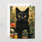 Schwarze Katze Stillleben Posen in Blume Malerei Postkarte (Vorne/Hinten)