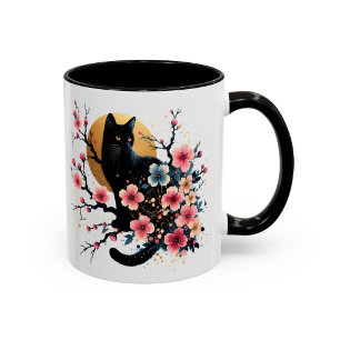 Schwarze Katze Tasse Kirschblüten Floral Geschenk