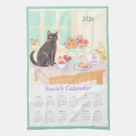 Schwarze Katze & Teeparty-Küchentuch-Kalender Geschirrtuch