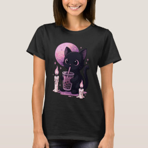 Schwarze Katze trinkt Boba Goth Bubble Tea T-Shirt