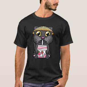 Schwarze Katze trinkt Erdbeermilch Kätzchen Mädche T-Shirt